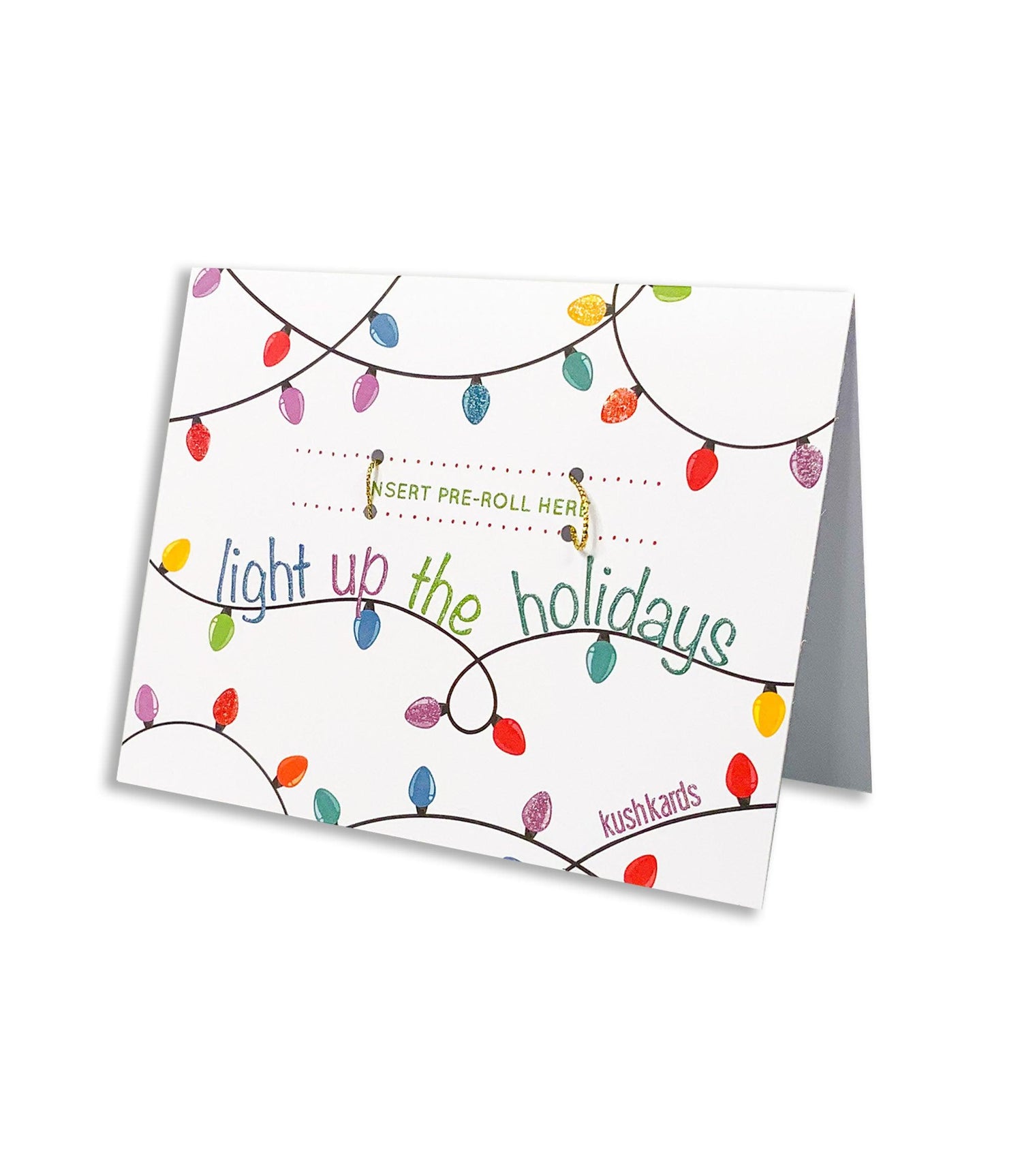 Elegant Christmas card with a white background, adorned with colorful Christmas lights and &