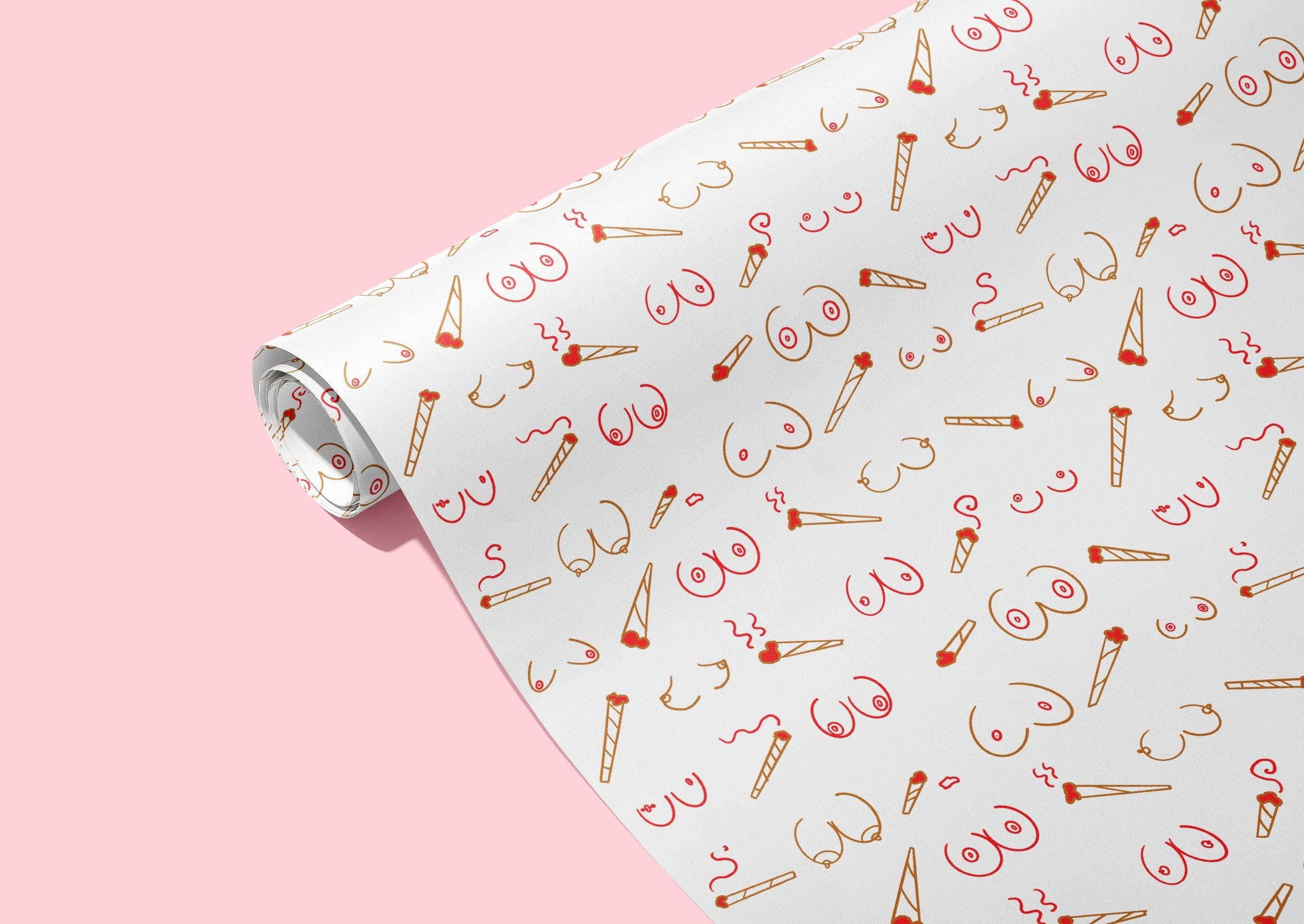 ♥️ Doobies and Boobies Naughty Wrapping Paper - KushKards that has 3 sheets per roll at 2&quot; x 29&quot; and have a print of doors and boobs