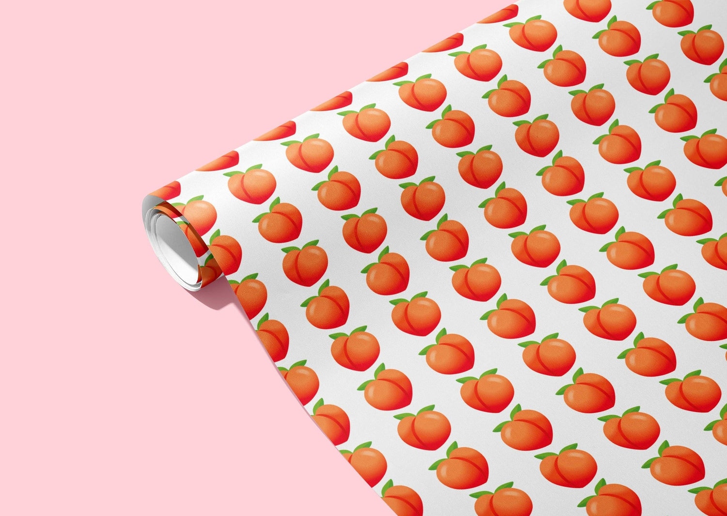 Peach Emoji wrapping paper comes in 3 sheets per roll and is 22&quot; x 29&quot; per sheet and has peach emojis and a white background