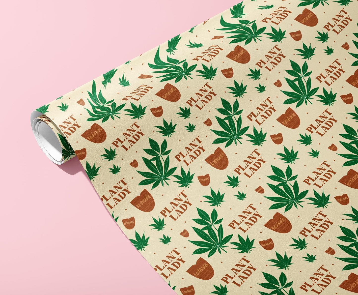 KushKards Plant Lady wrapping paper comes in 3 sheets per roll and is 22" x 29" per sheet and has a plant print and tan background 