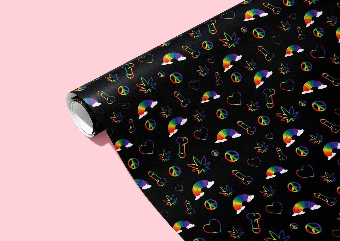 KushKards Rainbow Penis Naughty wrapping paper comes in 3 sheets per roll and is 22" x 29" per sheet and has black background with rainbow icons 