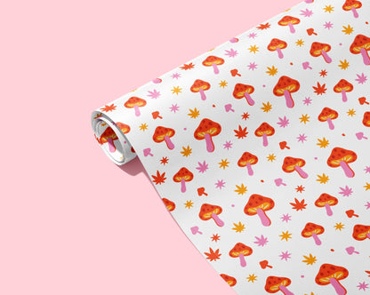 🍄 Trippin Over You Mushroom Wrapping Paper - KushKards 22&quot; x 29&quot; wide with a mushroom and pot leaf print and the colors are orange pink and yellow